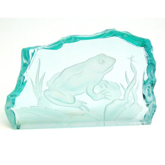 Etched Art Glass Frog & Bug Pond Artist Signed Scrivner Plaque Paperweight Decor - Picture 6 of 9